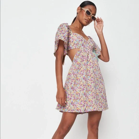 white christmas dresses Sassafras Women Blue Floral Waist Cut Out Skater Dress S / Blue main image 1